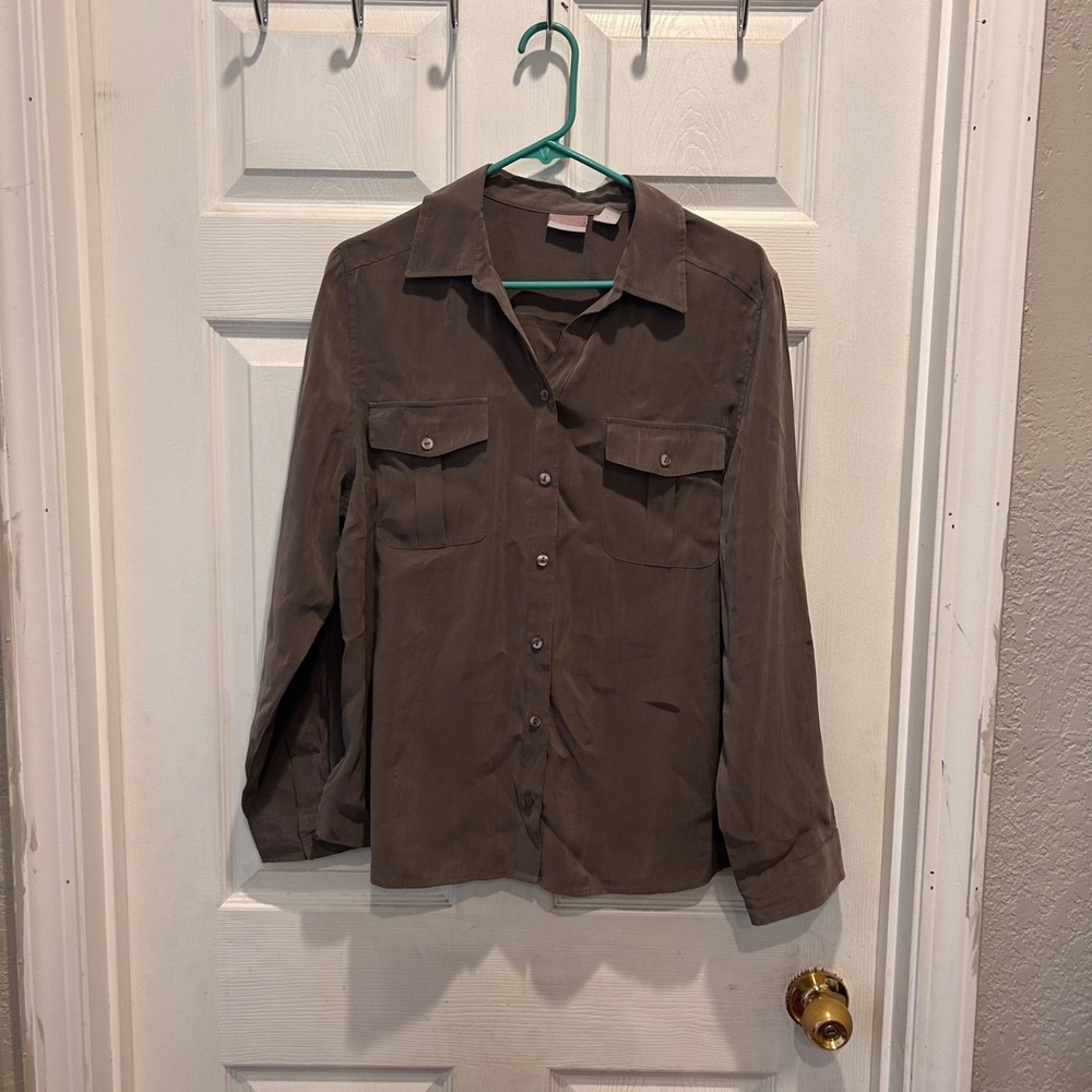 Chico's Olive Khaki Green Button Down Long Sleeve Shirt Top Women's Size 2 12/14